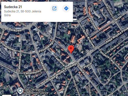 Static map showing directions to the office at ul. Sudecka 21 in Jelenia Góra